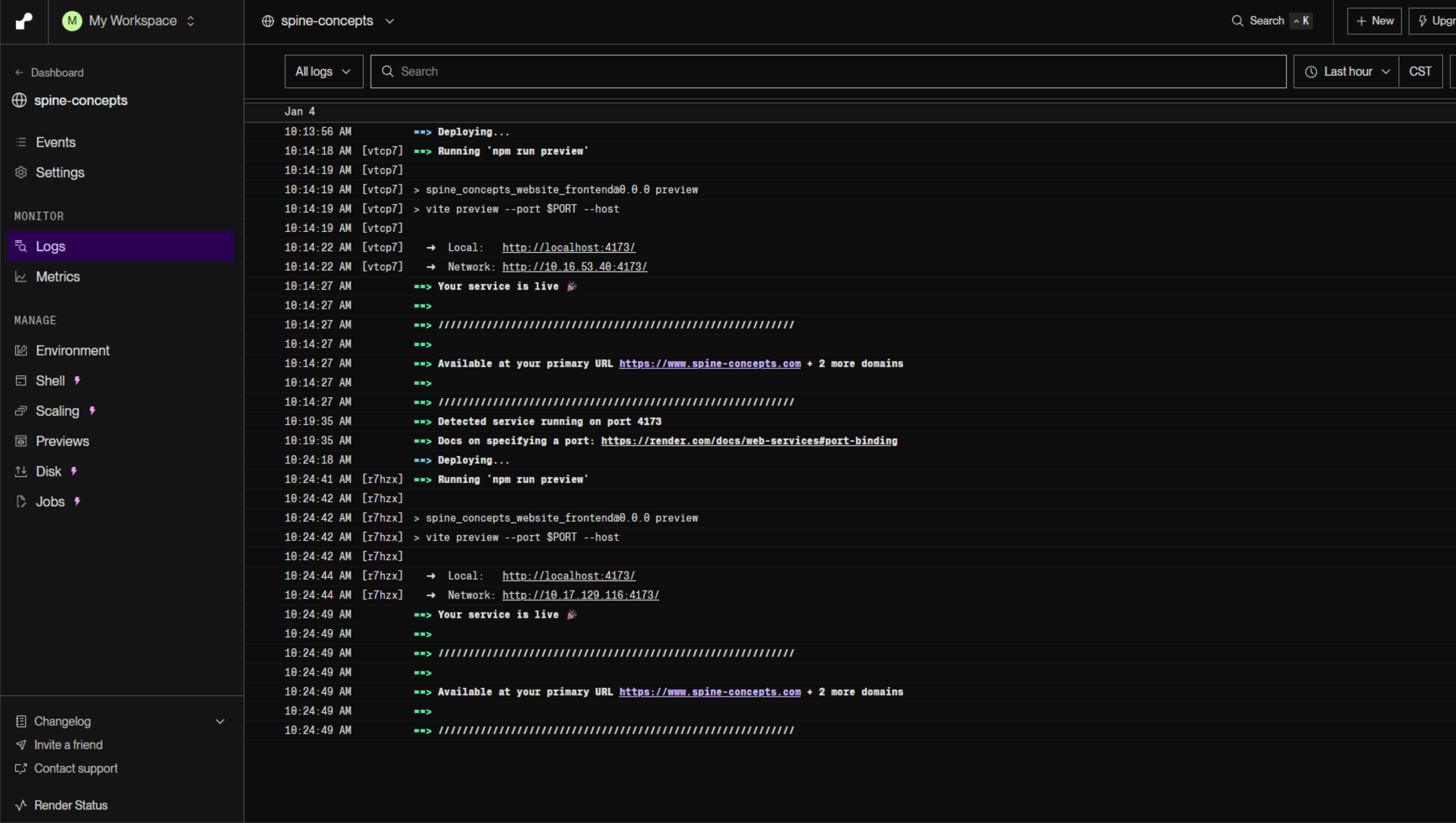 Render deployment logs — production build and deploy process.