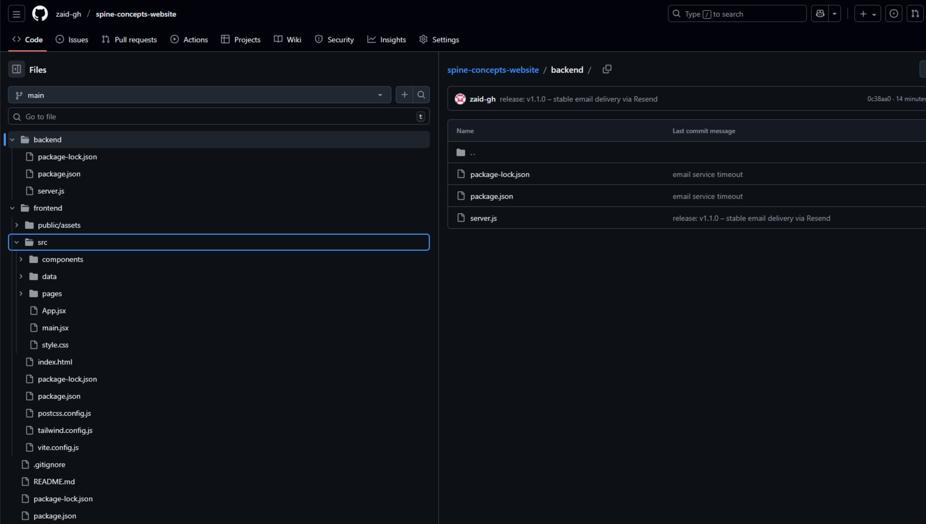 Repository structure showing modular frontend organization and backend separation.
