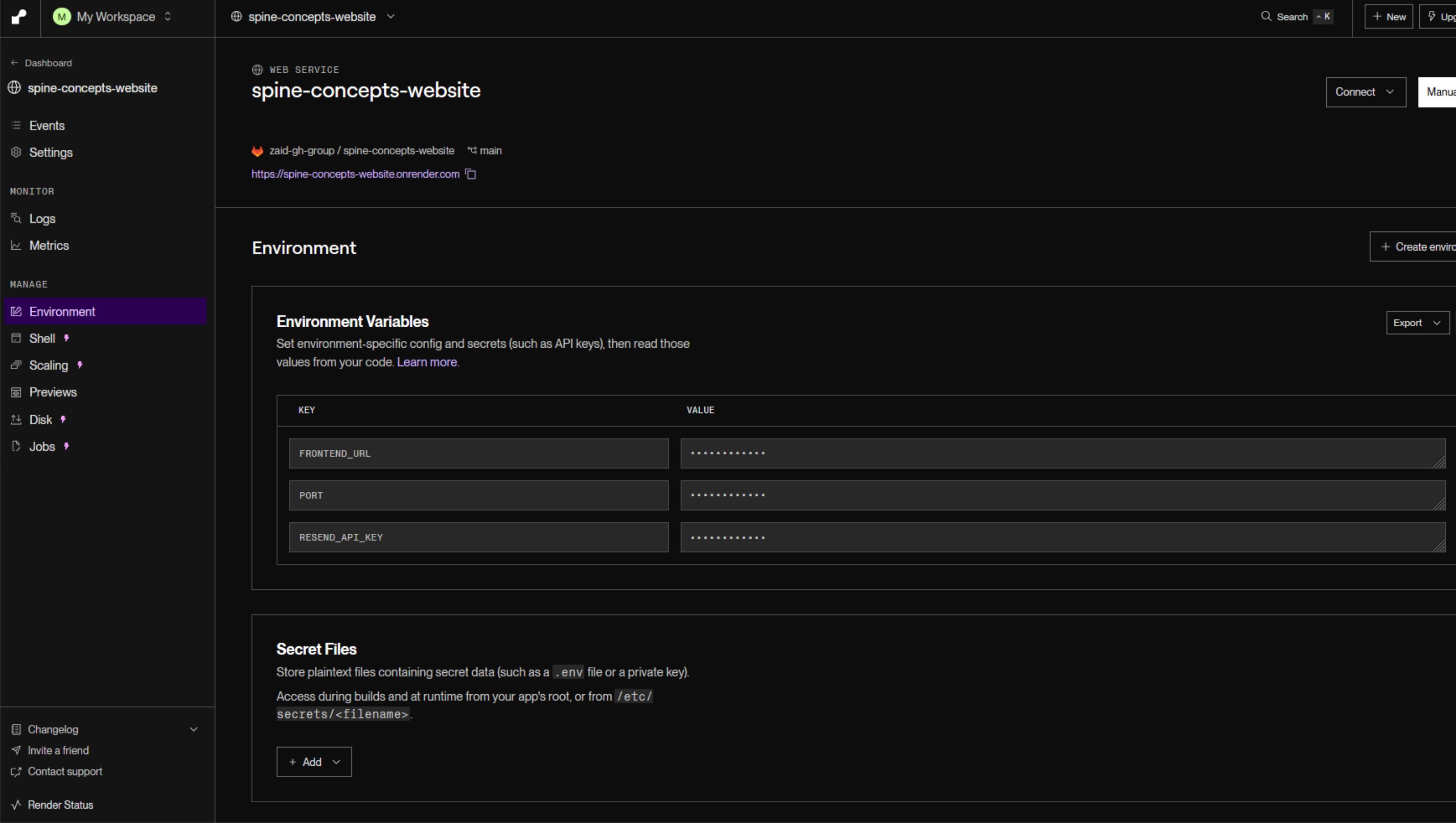 Production environment variables on Render (secrets hidden).