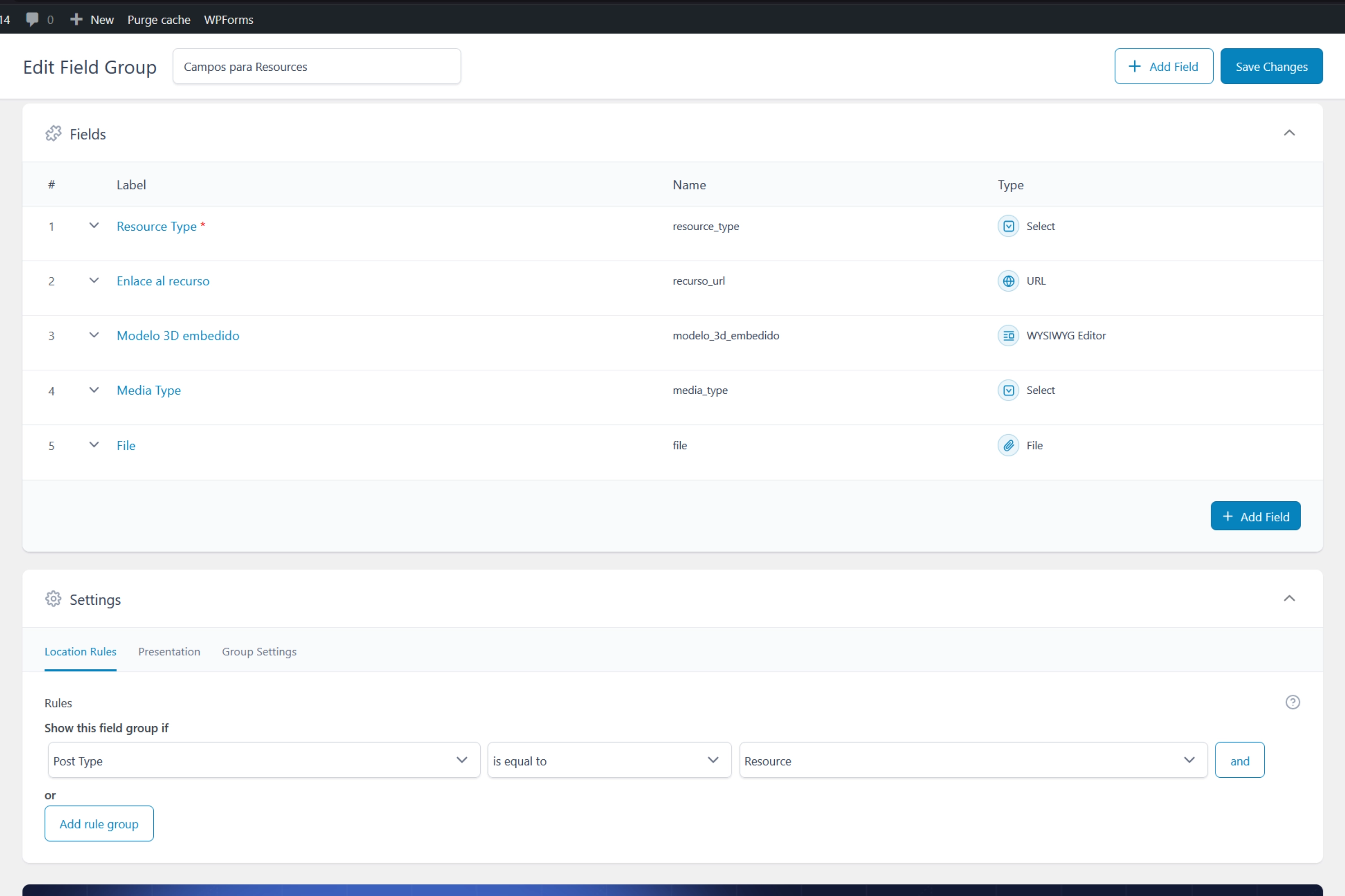 Custom Post Type and ACF field groups used to model technical resources.